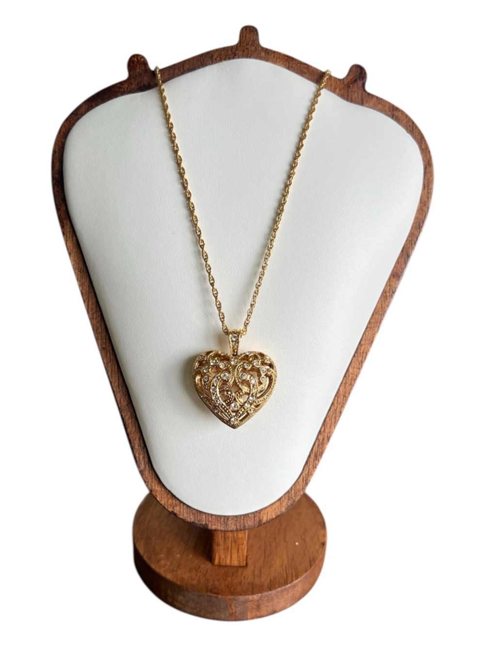 Vintage Avon Gold Tone Rhinestone Open Pave Heart Pendant Necklace
